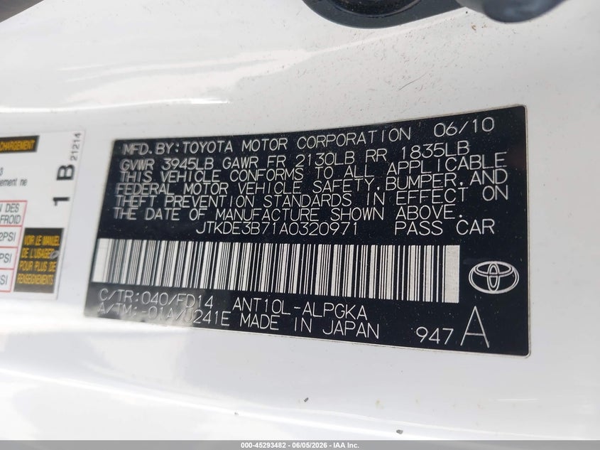 2010 Scion Tc VIN: JTKDE3B71A0320971 Lot: 45293482