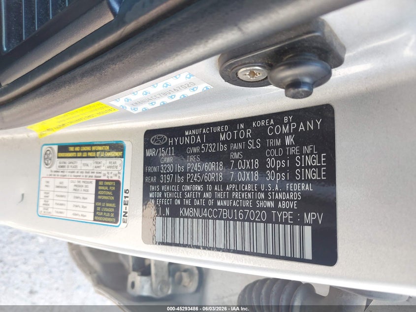 2011 Hyundai Veracruz Limited VIN: KM8NU4CC7BU167020 Lot: 45293486