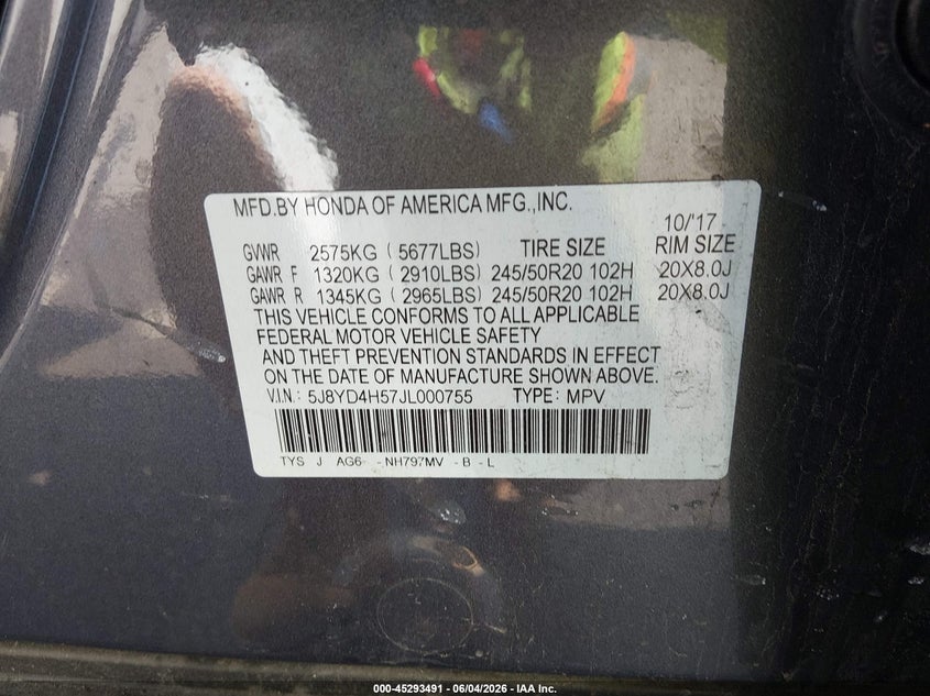 2018 Acura Mdx Technology Package Acurawatch Plus Pkg VIN: 5J8YD4H57JL000755 Lot: 45293491