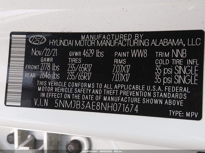 2022 HYUNDAI TUCSON 2.5L I-4 DI, DOHC, V(VIN: 5NMJB3AE8NH071674