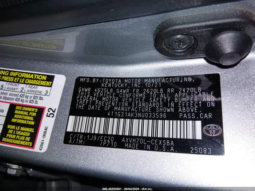 2022 TOYOTA CAMRY SEDAN 2.5L I-4 DI, DOHC, VVT, 176HP