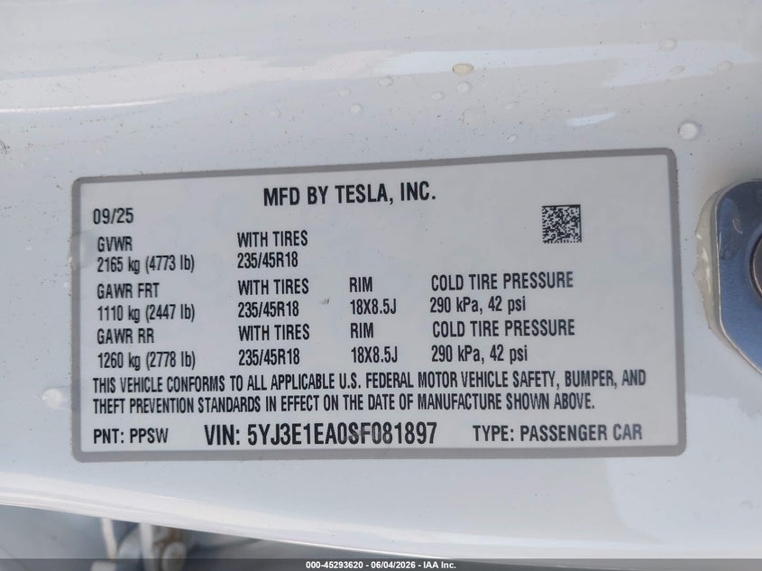 2025 Tesla Model 3 Long Range Rear-Wheel Drive/Standard Rear-Wheel Drive VIN: 5YJ3E1EA0SF081897 Lot: 45293620