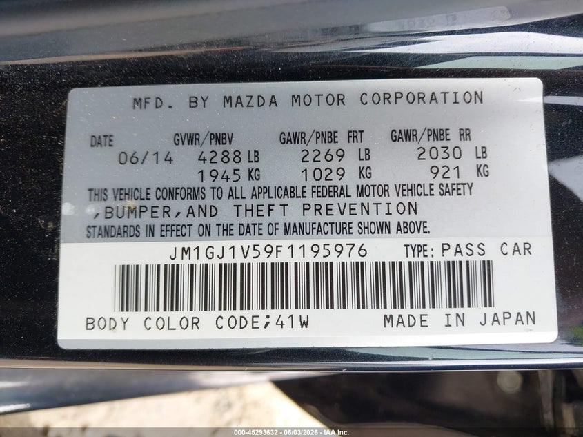2015 Mazda Mazda6 I Touring VIN: JM1GJ1V59F1195976 Lot: 45293632