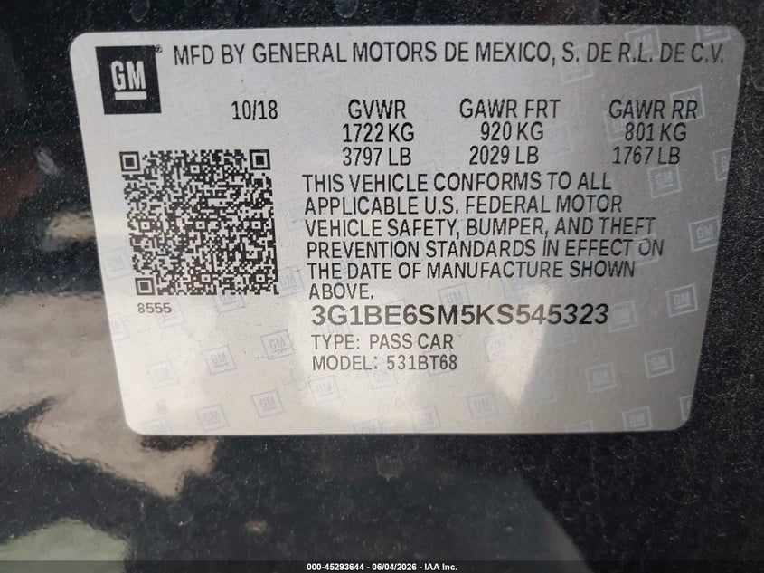 2019 Chevrolet Cruze Lt VIN: 3G1BE6SM5KS545323 Lot: 45293644