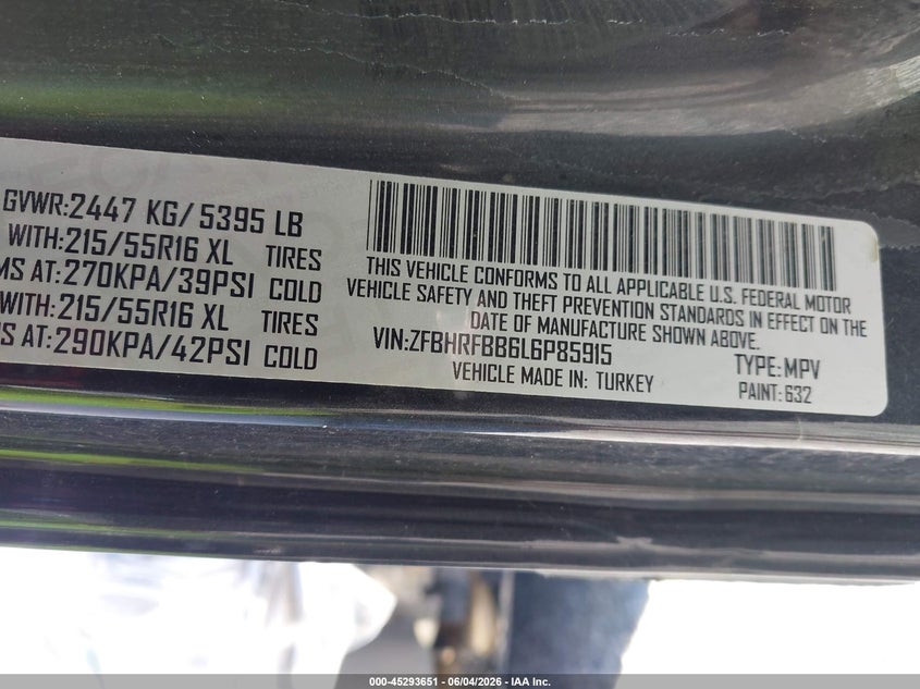 2020 Ram Promaster City Slt VIN: ZFBHRFBB6L6P85915 Lot: 45293651