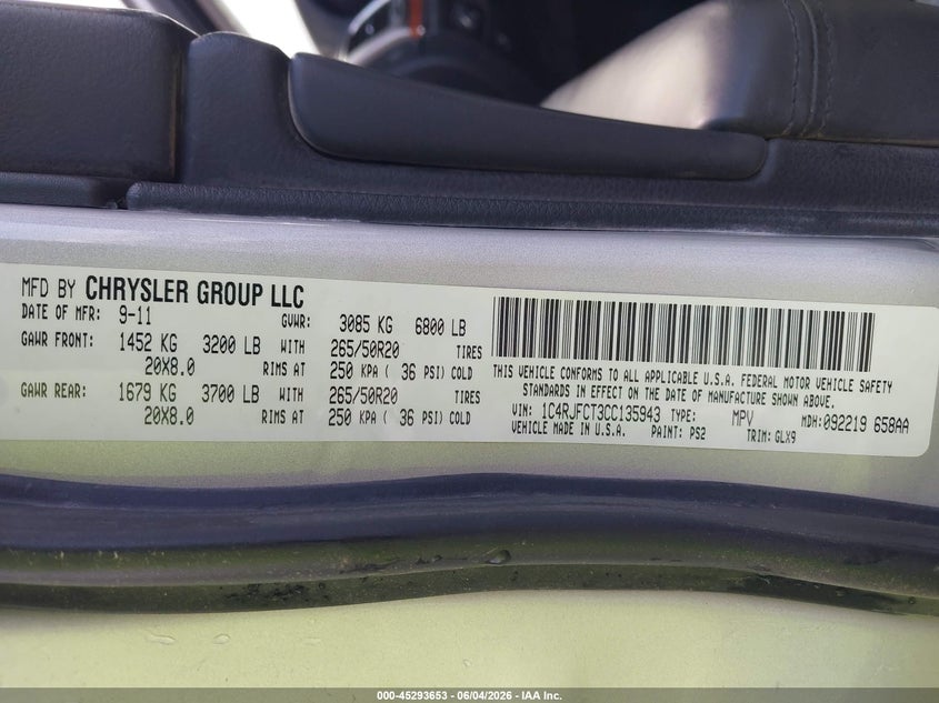 2012 Jeep Grand Cherokee Overland VIN: 1C4RJFCT3CC135943 Lot: 45293653