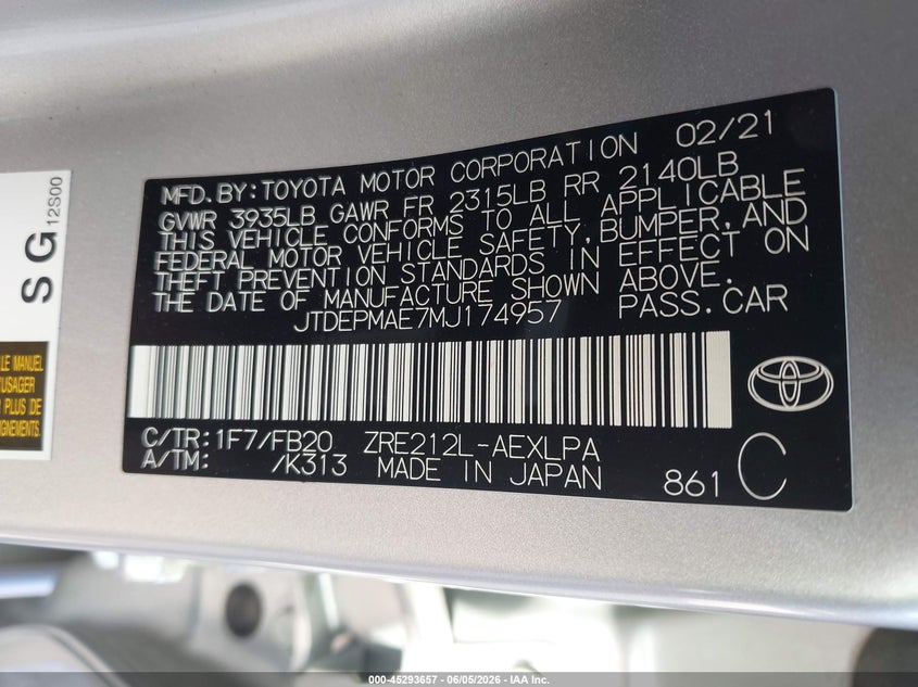 2021 TOYOTA COROLLA 1.8L I-4 DOHC, VVT, (VIN: JTDEPMAE7MJ174957