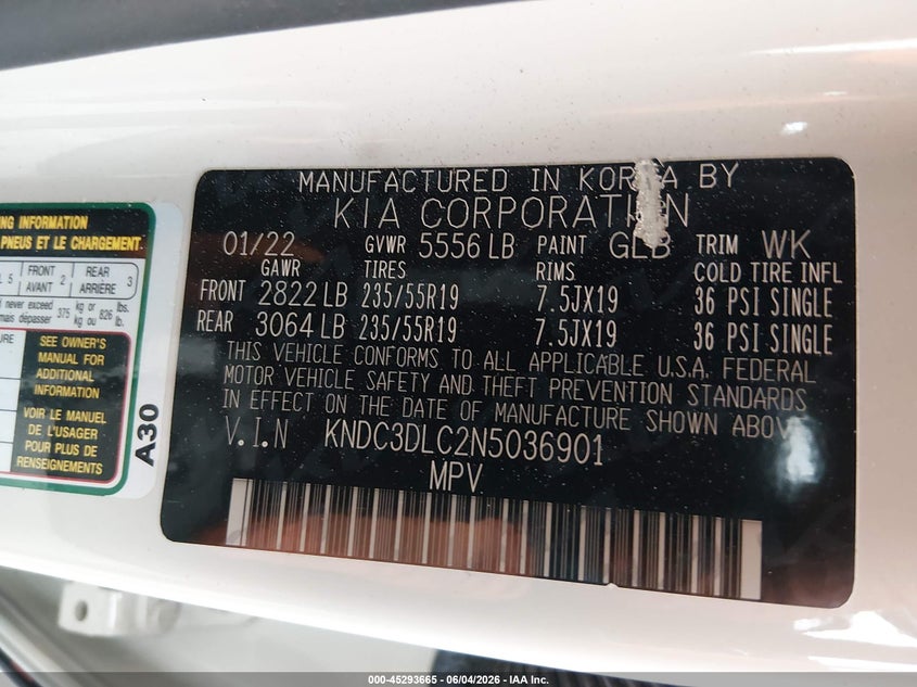 2022 Kia Ev6 Wind VIN: KNDC3DLC2N5036901 Lot: 45293665