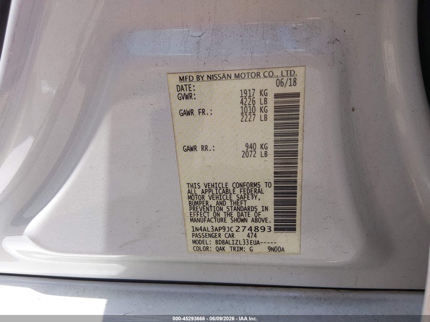 VIN 1N4AL3AP9JC274893 2018 NISSAN ALTIMA 2.5 SV