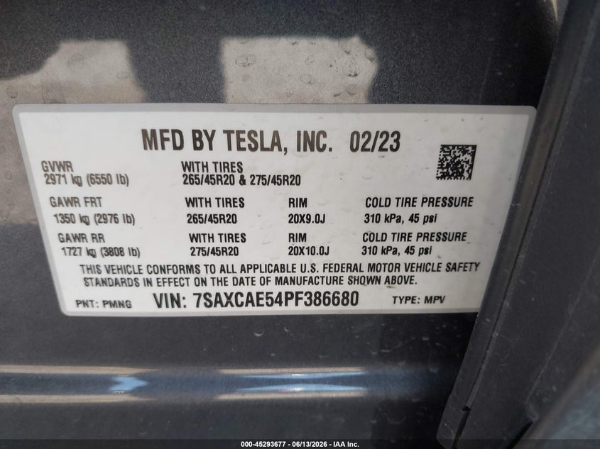 2023 Tesla Model X Dual Motor All-Wheel Drive/Standard Range VIN: 7SAXCAE54PF386680 Lot: 45293677