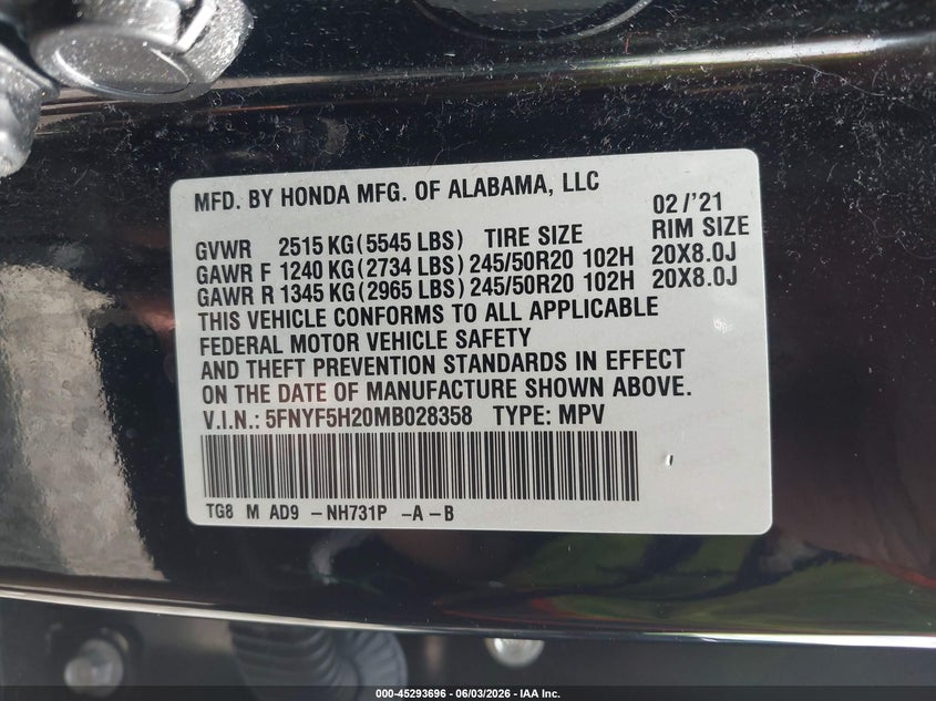 2021 Honda Pilot 2Wd Special Edition VIN: 5FNYF5H20MB028358 Lot: 45293696