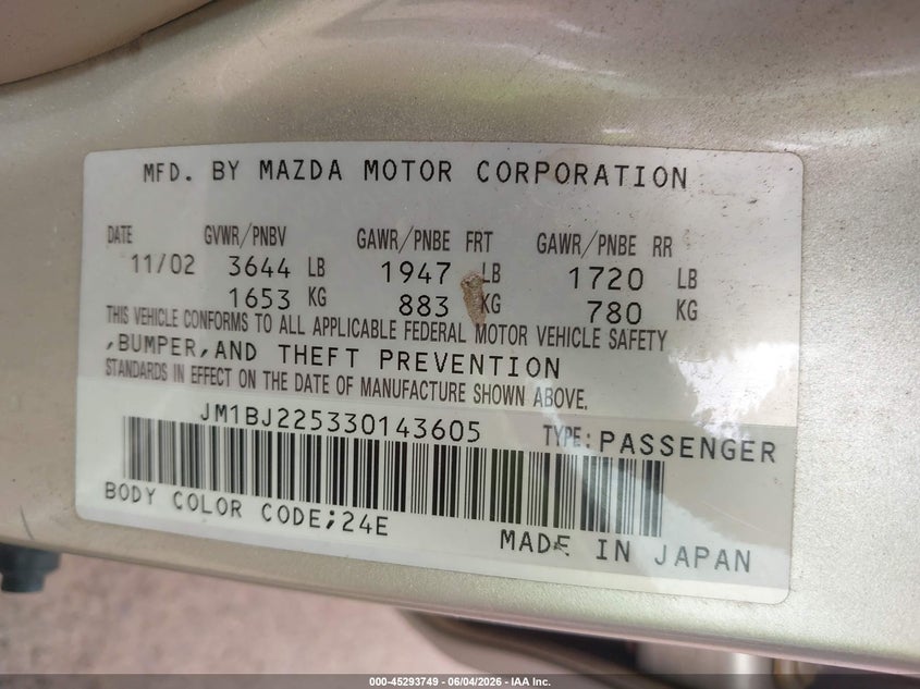 2003 Mazda Protege Dx/Es/Lx VIN: JM1BJ225330143605 Lot: 45293749