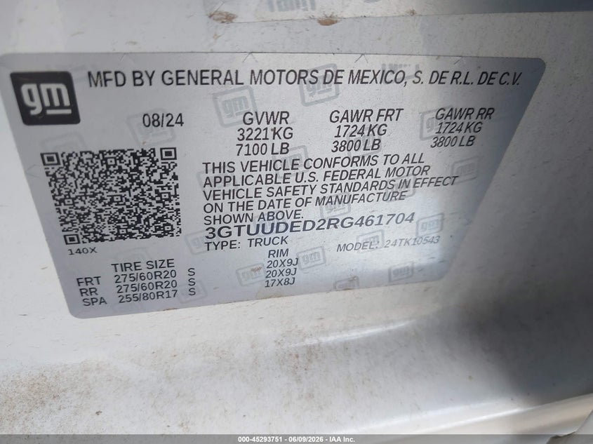 2024 GMC SIERRA 1500 5.3L V-8 DI, VVT, 35(VIN: 3GTUUDED2RG461704
