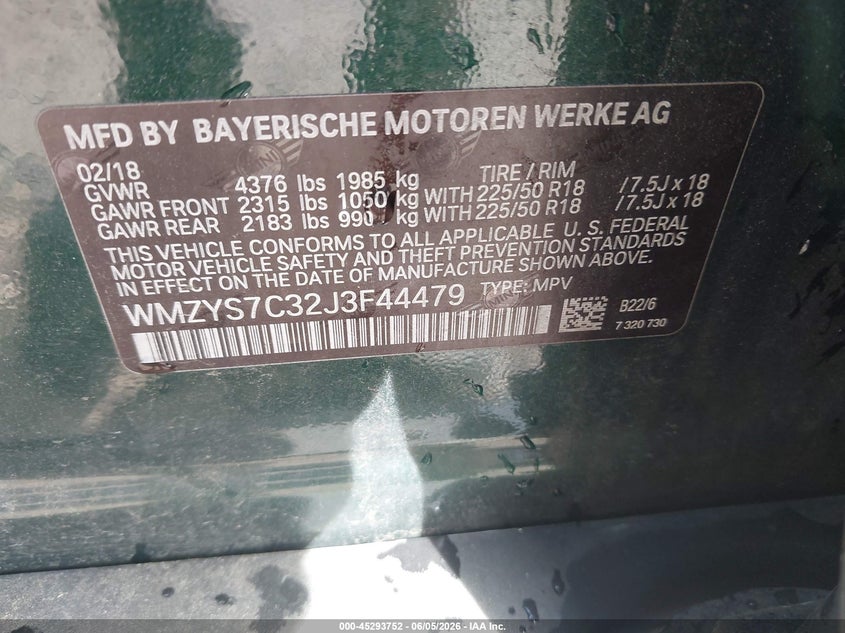 2018 Mini Countryman Cooper VIN: WMZYS7C32J3F44479 Lot: 45293752