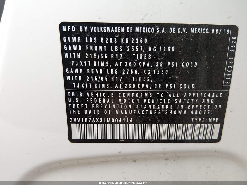 2020 Volkswagen Tiguan 2.0T S VIN: 3VV1B7AX3LM004114 Lot: 45293758