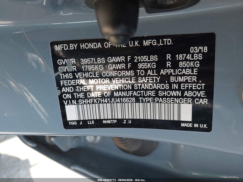 HONDA CIVIC 2018 VIN SHHFK7H41JU416628
