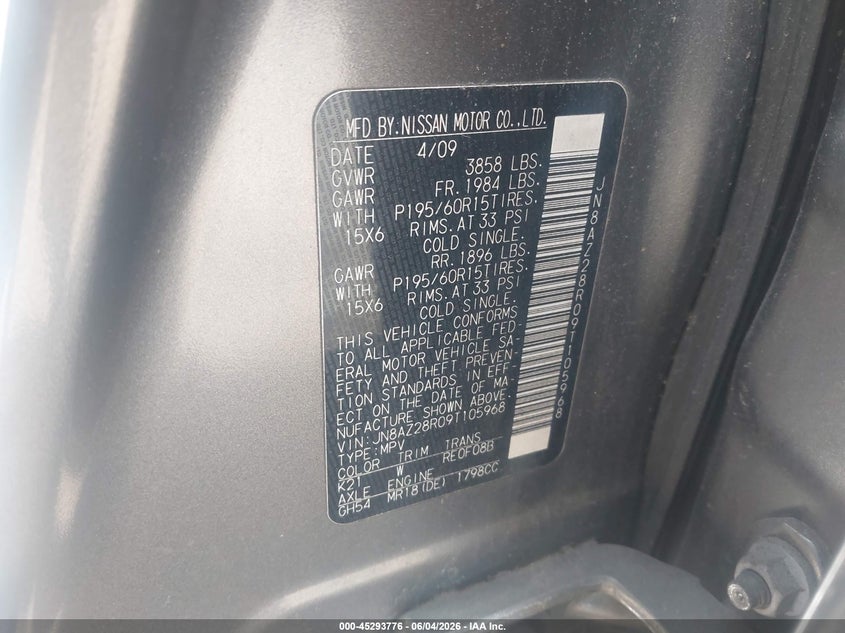 2009 Nissan Cube 1.8S VIN: JN8AZ28R09T105968 Lot: 45293776