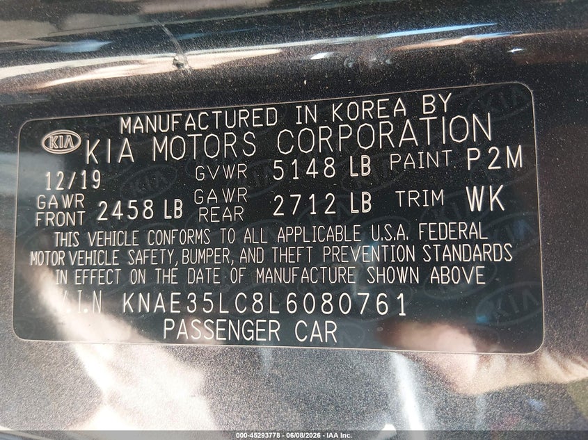 2020 Kia Stinger Gt VIN: KNAE35LC8L6080761 Lot: 45293778