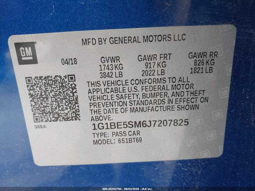 2018 Chevrolet Cruze Lt Auto VIN: 1G1BE5SM6J7207825 Lot: 45293794