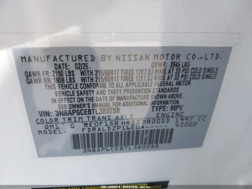 2026 Nissan Kicks Sv VIN: 3N8AP6CE8TL380288 Lot: 45293816