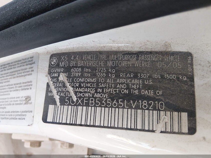 2005 BMW X5 4.4I VIN: 5UXFB53565LV18210 Lot: 45293828