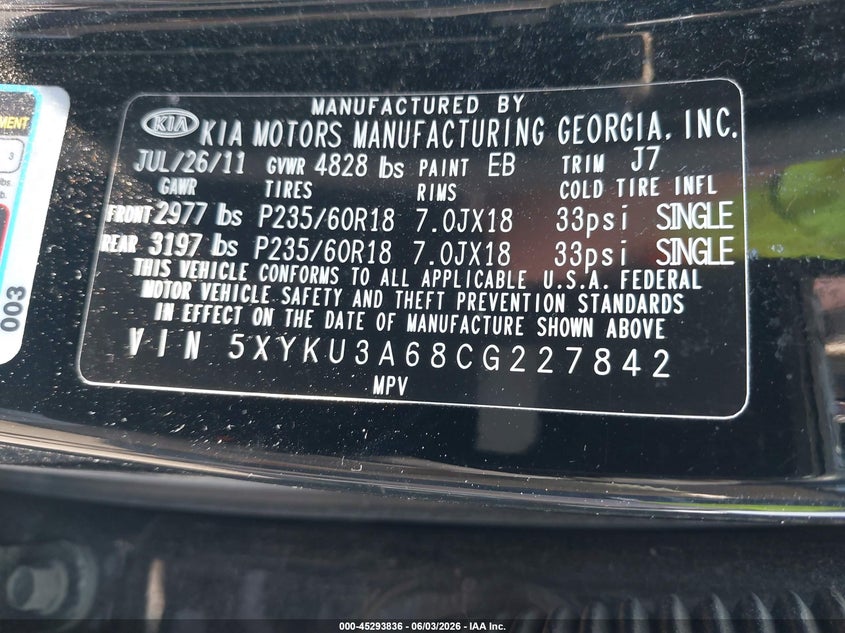 2012 Kia Sorento Ex VIN: 5XYKU3A68CG227842 Lot: 45293836
