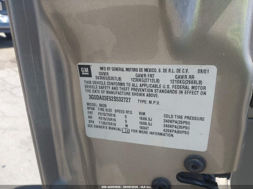 2002 Buick Rendezvous Cx VIN: 3G5DA03E92S532727 Lot: 45293858