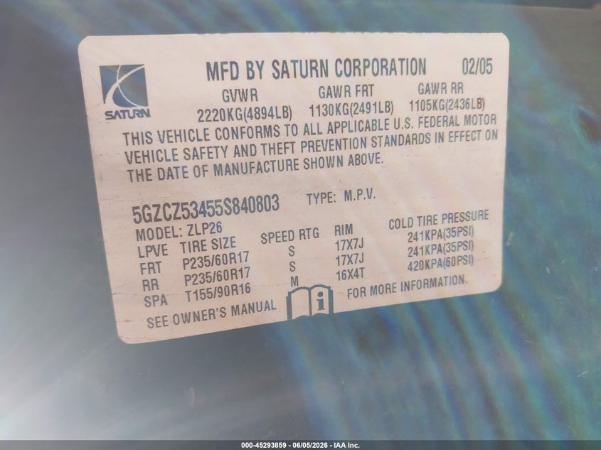 2005 Saturn Vue V6 VIN: 5GZCZ53455S840803 Lot: 45293859