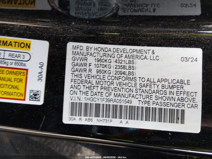 2024 HONDA ACCORD 1.5L I-4 DI, DOHC, V(VIN: 1HGCY1F39RA051549