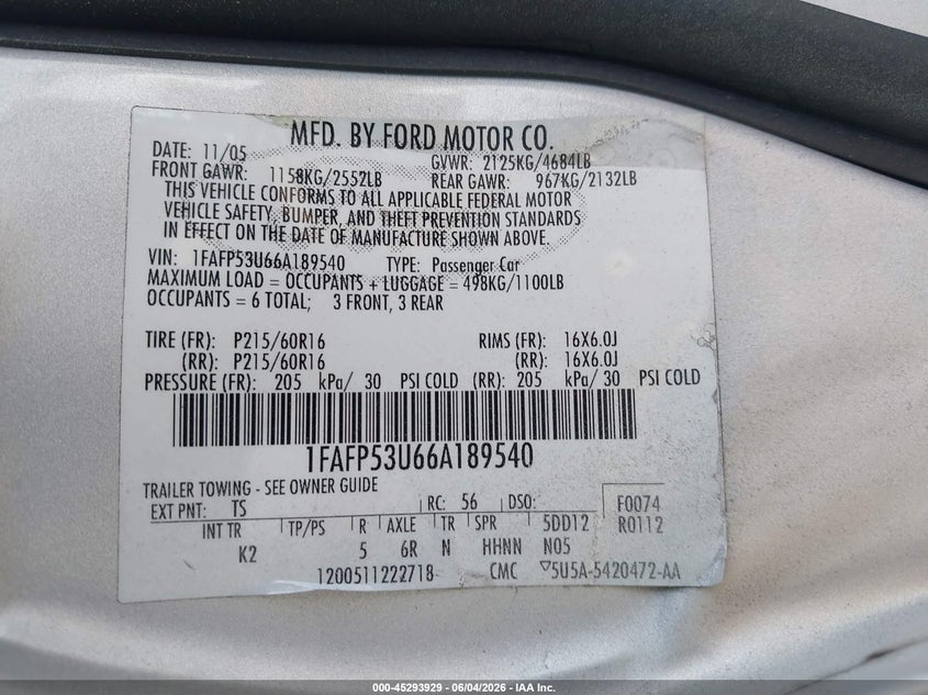 2006 Ford Taurus Se VIN: 1FAFP53U66A189540 Lot: 45293929