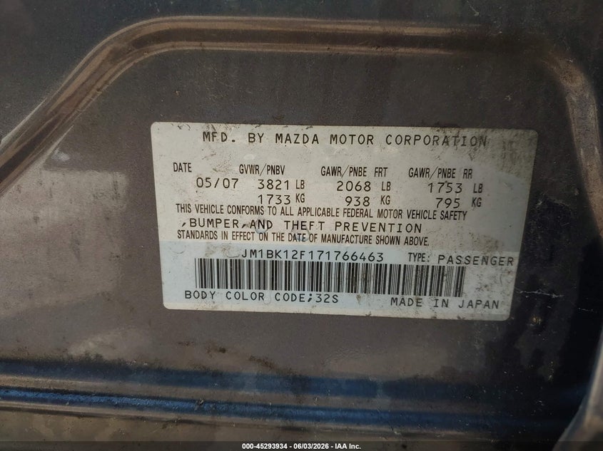 2007 Mazda Mazda3 I VIN: JM1BK12F171766463 Lot: 45293934