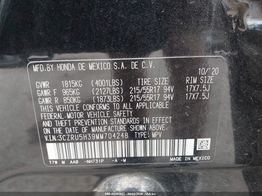 2021 HONDA HR-V 1.8L I-4 VVT, 141HP(VIN: 3CZRU5H39MM704248