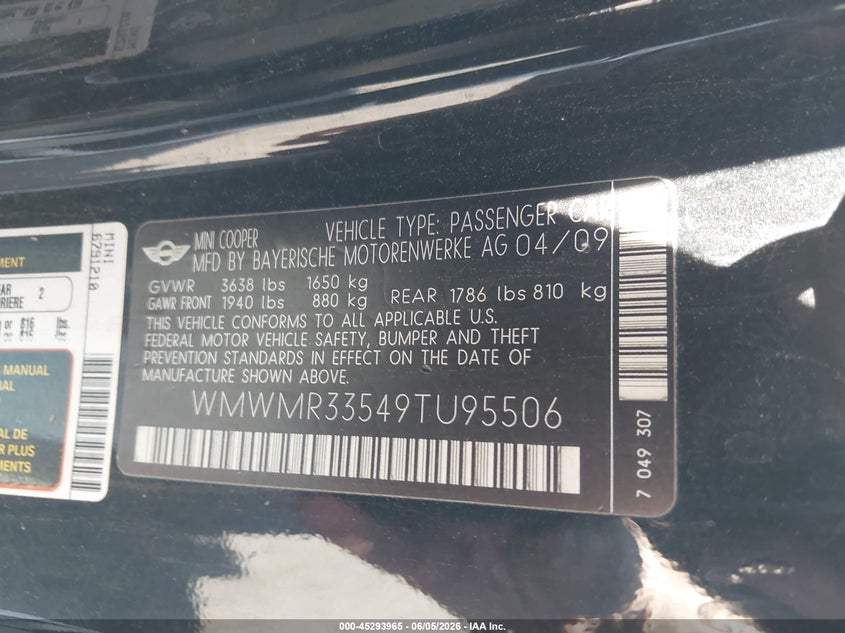 2009 Mini Cooper VIN: WMWMR33549TU95506 Lot: 45293965