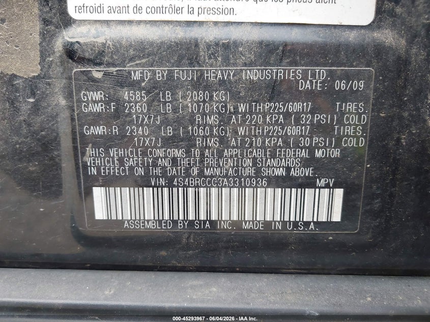 2010 Subaru Outback 2.5I Premium VIN: 4S4BRCCC3A3310936 Lot: 45293967