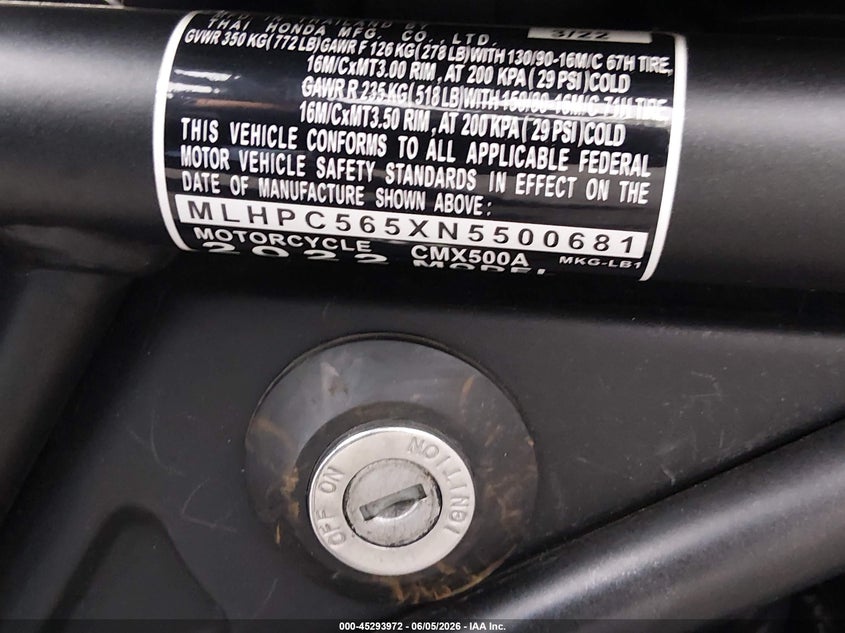 2022 Honda Cmx500 A VIN: MLHPC565XN5500681 Lot: 45293972