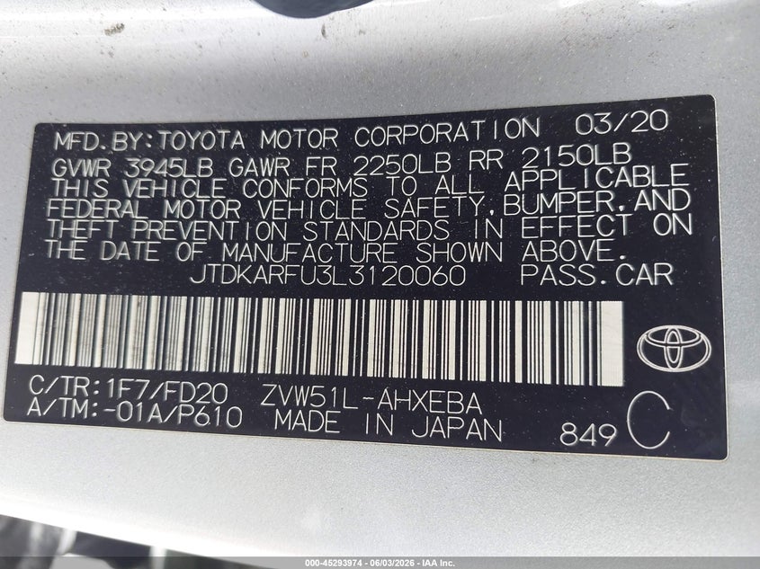2020 Toyota Prius Le VIN: JTDKARFU3L3120060 Lot: 45293974