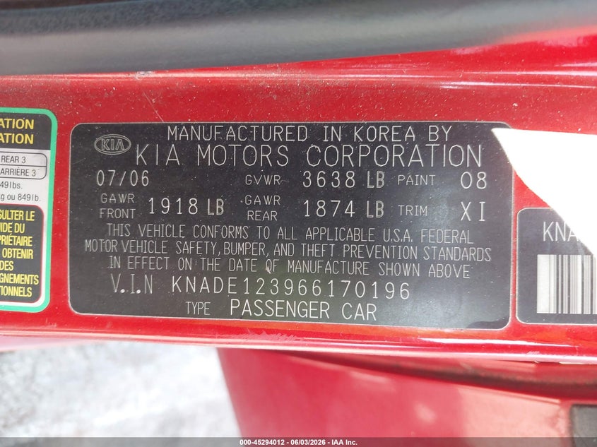 2006 Kia Rio Lx VIN: KNADE123966170196 Lot: 45294012