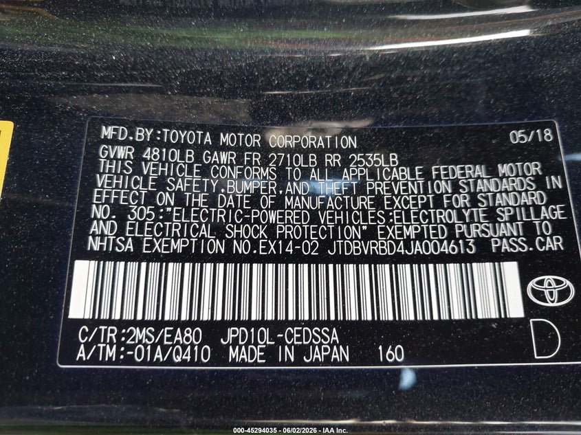 2018 Toyota Mirai VIN: JTDBVRBD4JA004613 Lot: 45294035