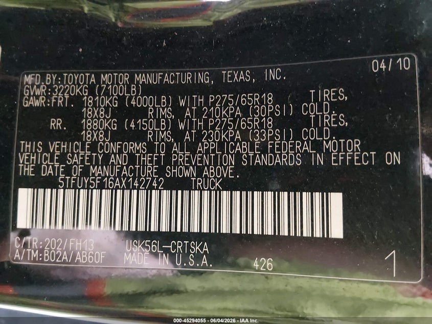 2010 Toyota Tundra Grade 5.7L V8 VIN: 5TFUY5F16AX142742 Lot: 45294055