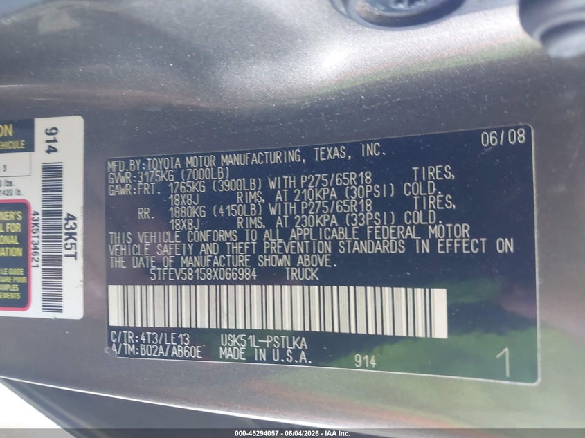 2008 Toyota Tundra Limited 5.7L V8 VIN: 5TFEV58158X066984 Lot: 45294057