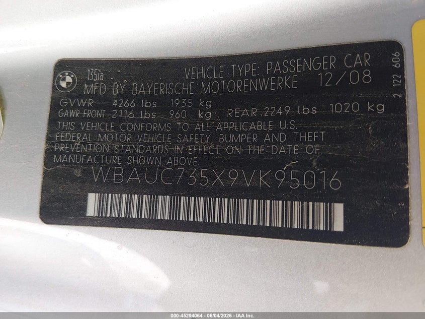 2009 BMW 135I VIN: WBAUC735X9VK95016 Lot: 45294064