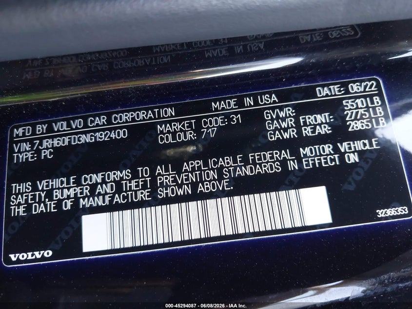 2022 Volvo S60 Recharge Plug-In Hybrid T8 Black Edition R-Design Extended Range VIN: 7JRH60FD3NG192400 Lot: 45294087