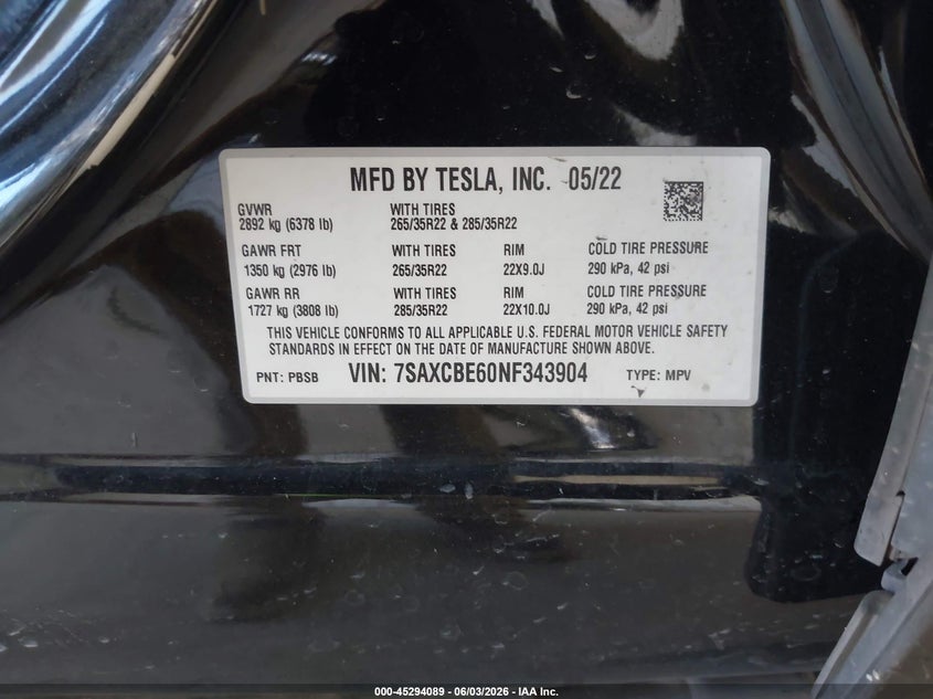 2022 Tesla Model X Plaid Tri Motor All-Wheel Drive VIN: 7SAXCBE60NF343904 Lot: 45294089