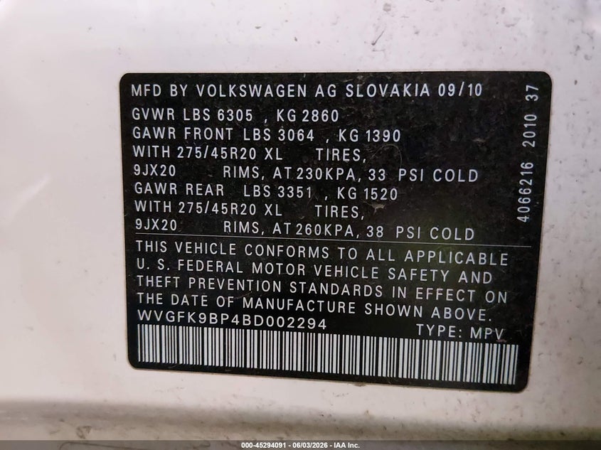 2011 Volkswagen Touareg Tdi Executive VIN: WVGFK9BP4BD002294 Lot: 45294091