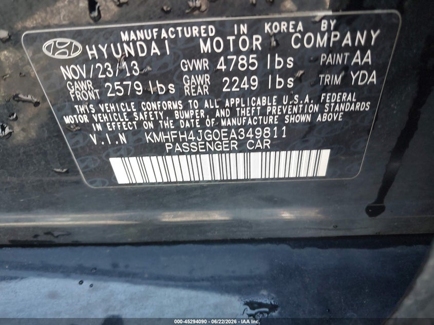 2014 Hyundai Azera Limited VIN: KMHFH4JG0EA349811 Lot: 45294090