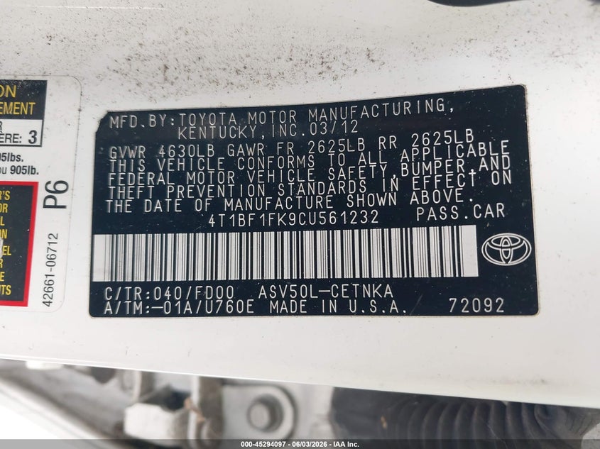 2012 TOYOTA CAMRY SEDAN 2.5L I-4 DOHC, VVT, 173HP
