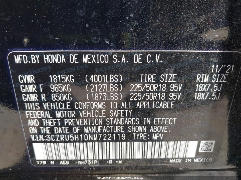 2022 Honda Hr-V 2Wd Sport VIN: 3CZRU5H10NM722119 Lot: 45294107