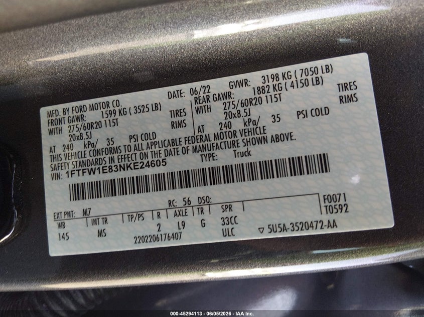 2022 FORD F-150 3.5L V-6 DI, DOHC, V(VIN: 1FTFW1E83NKE24605