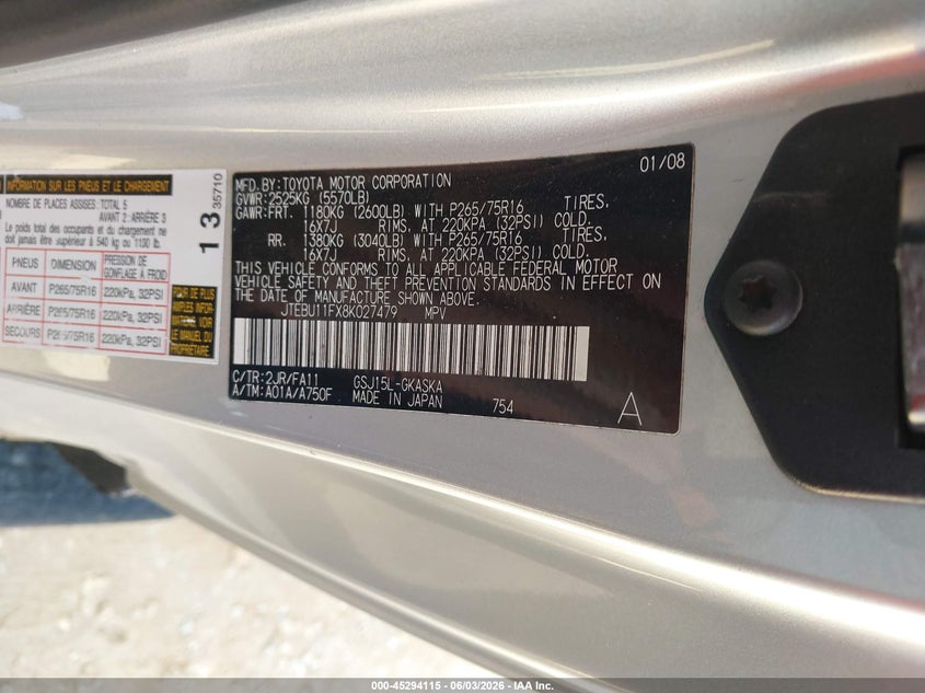 2008 Toyota Fj Cruiser VIN: JTEBU11FX8K027479 Lot: 45294115