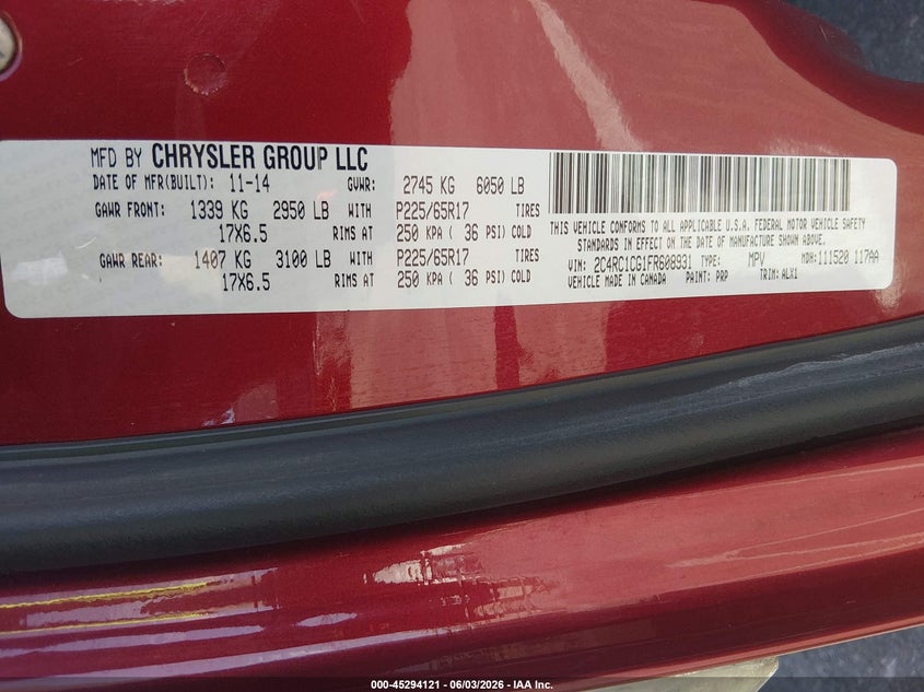 2015 Chrysler Town & Country Touring-L VIN: 2C4RC1CG1FR608931 Lot: 45294121